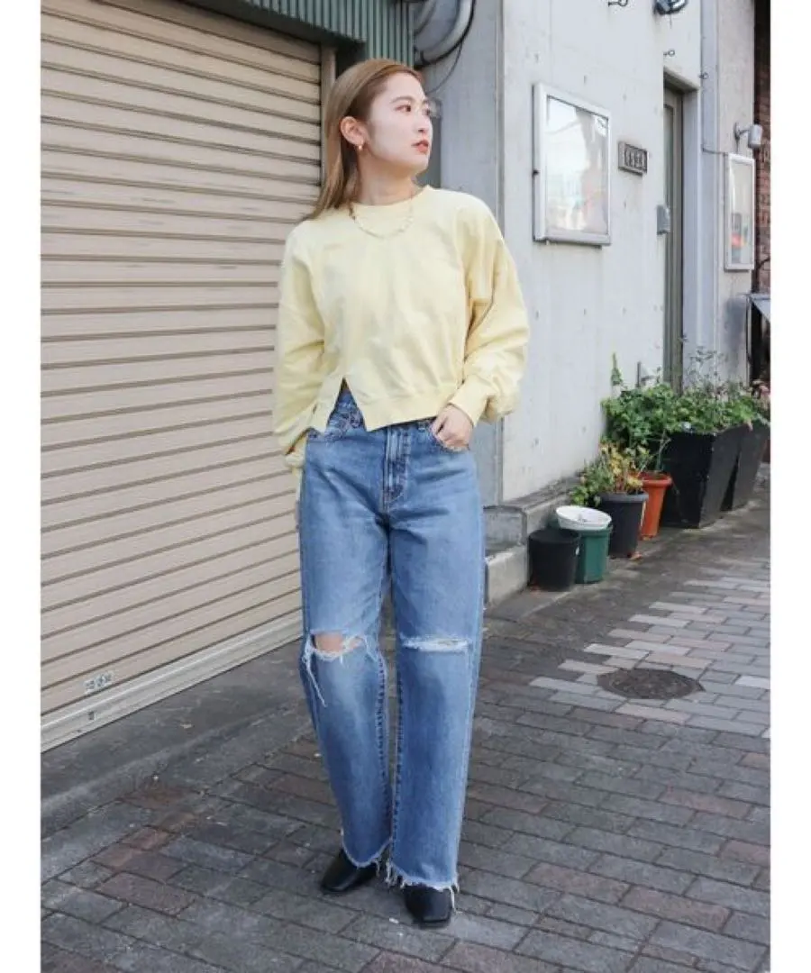 Ungrid 剪裁破損直筒牛仔褲 藍色牛仔布 膝蓋破損 的縮圖