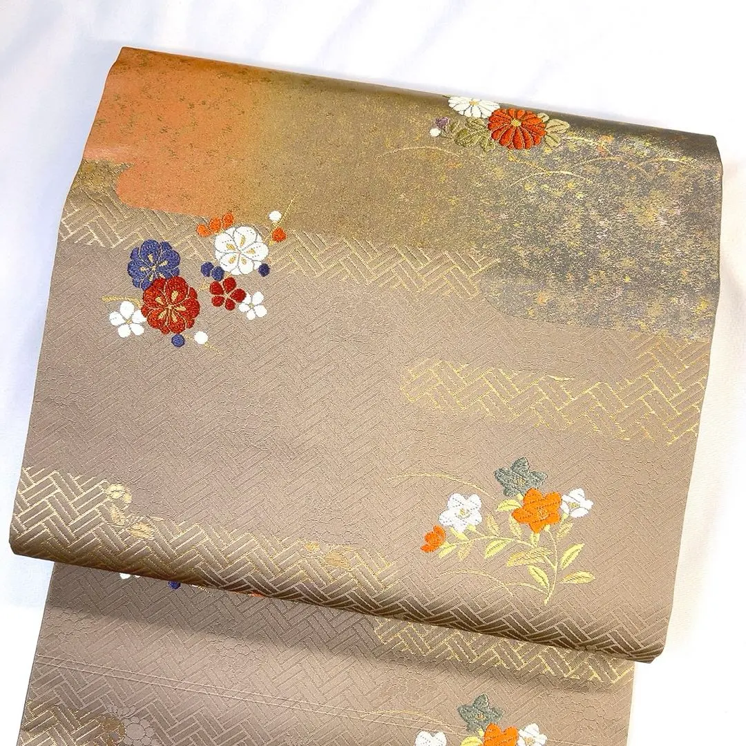 Thumbnail of Nagoya obi, hinoki-gaki (cypress fence) ground pattern, chrysanthemum, Chinese bellflower, maple, haze, gold thread, beige color, kimono, 081tz