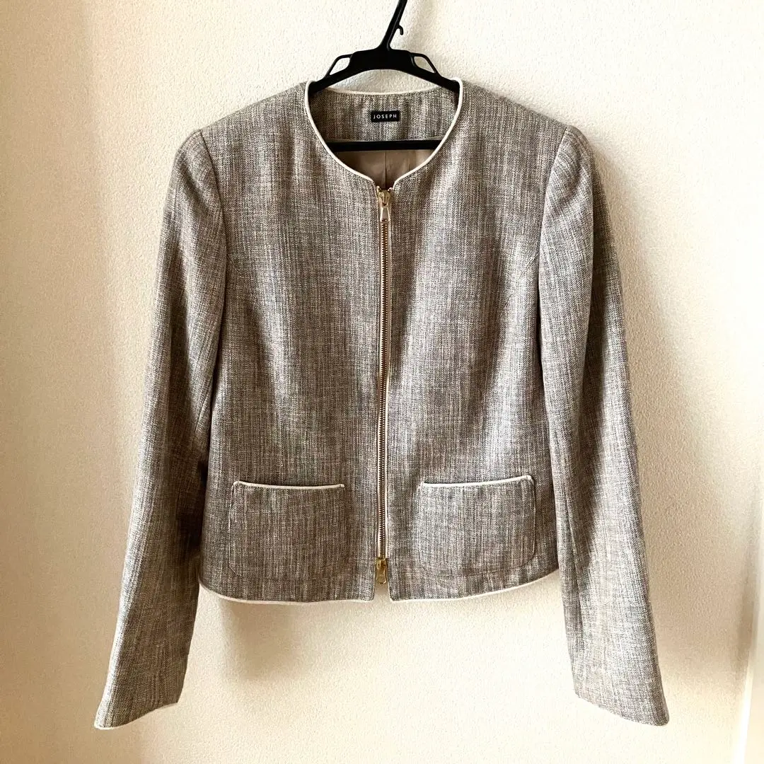 ジョゼフ ノーカラー ジャケット 日本製 上品 グレージュ 40 pstory_collarless-long-
