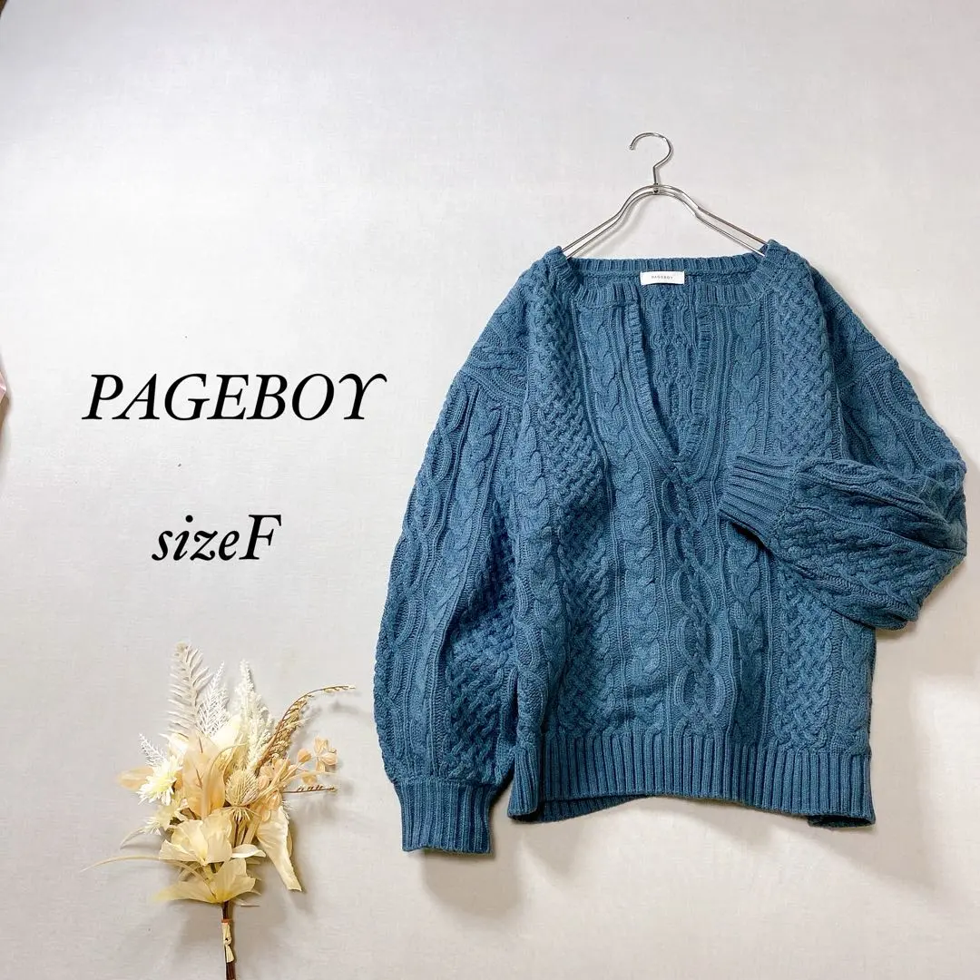 Thumbnail of Page Boy Cable Knit Sweater Long Sleeve Deep V-Neck 【F】 Oversized Blue