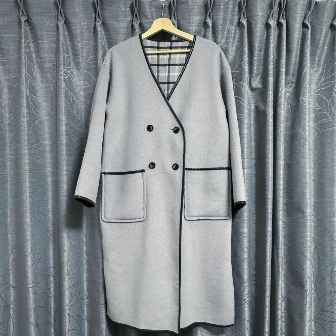 【新品　美品】Andemiu 無地ベージュ チェスターコート　フリーサイズ 新品 美品】Andemiu 無地ベージュ チェスターコート フリーサイズ