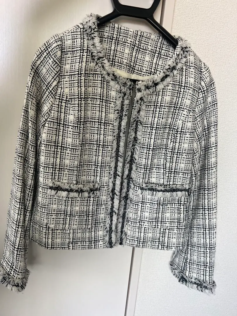 Thumbnail of Black and white checkered fringe tweed jacket