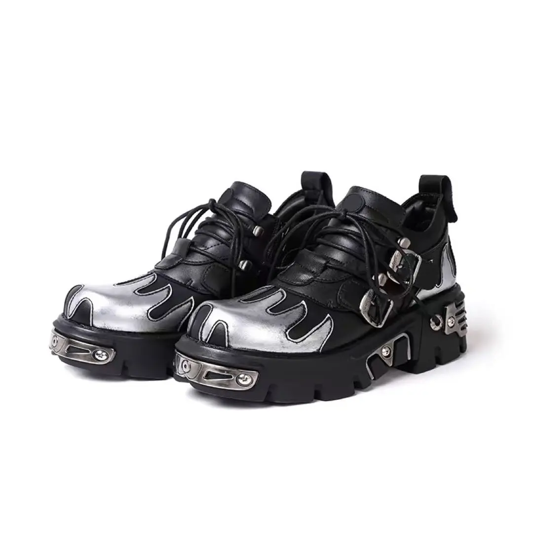 New Rock Newrock 591-S2 シルバーフレーム メタルブラックレザー ヘビーパンク ゴシックブーツ レース付き