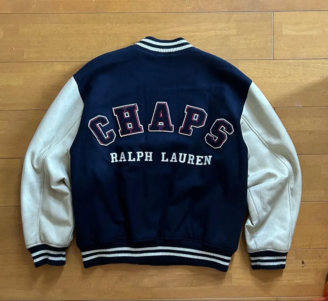 CHAPS RALPH LAUREN バックロゴ 袖革 スタジャン M ブラック 90's CHAPS Ralah Lauren レザー スウィングトップ
