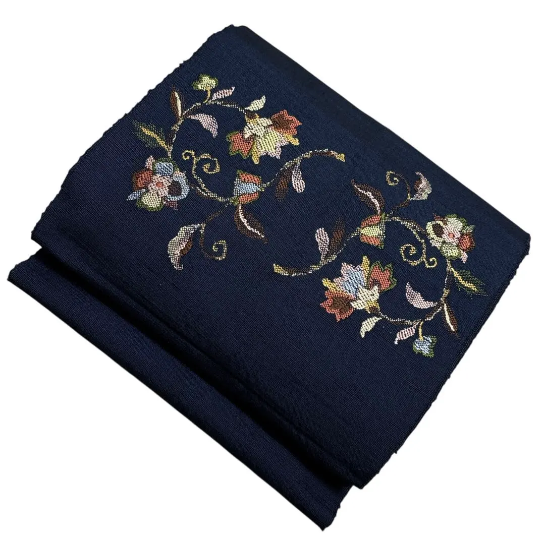 Thumbnail of Yu 115 Nagoya Obi, Tsumugi, Embroidery, Navy Blue, Pine Needles and Arabesque Flowers, Kimono Obi, Finished, Beautiful Condition