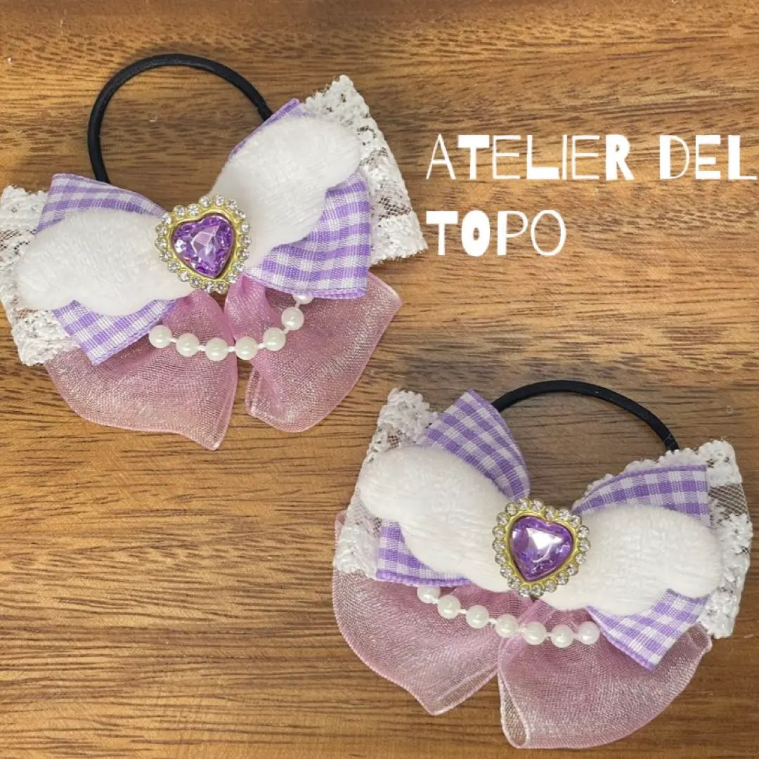 Thumbnail of 【382】Angel ♡ Check Kids Hair Ribbon Pearl Purple