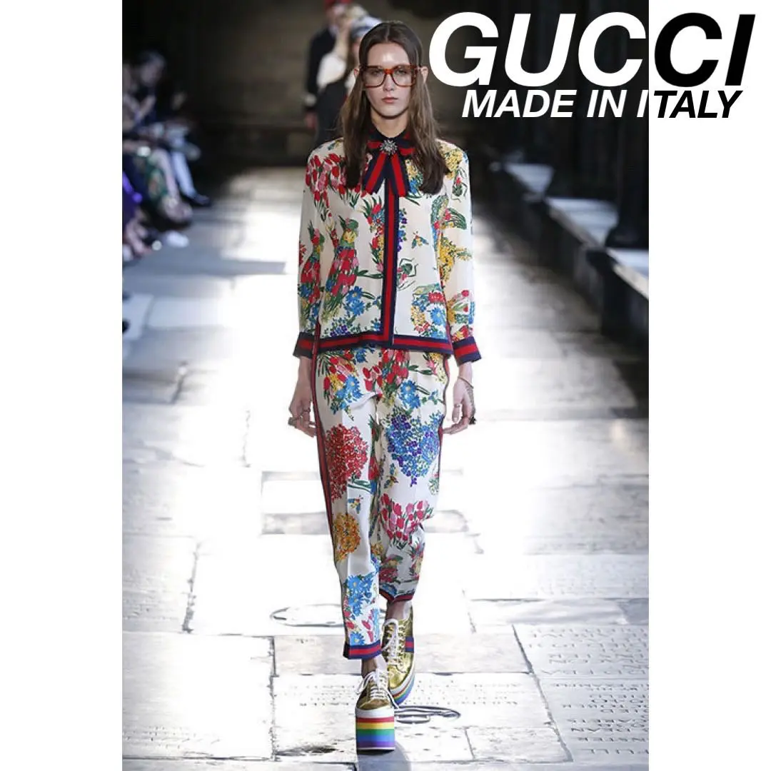 GUCCI 花柄刺繍 パンツ センタープレス フラワーステッチ センタープレス ストレートスラックス