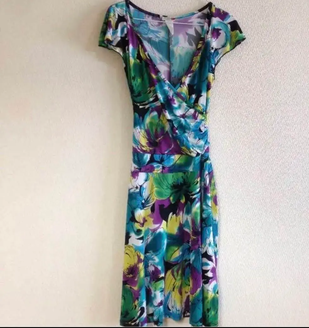 Thumbnail of Floral Print V-Neck Wrap Dress, Short Sleeve, Knee Length