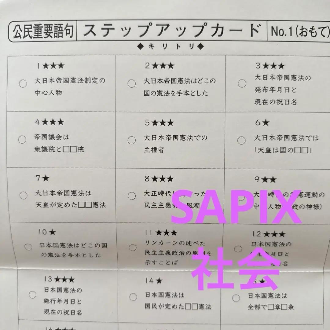 サピックス ５年 ６年＊社会 歴史重要年代ステップアップカード 完全版＊貴重 サピックス 最新版！ステップアップカード 公民重要語句・歴史