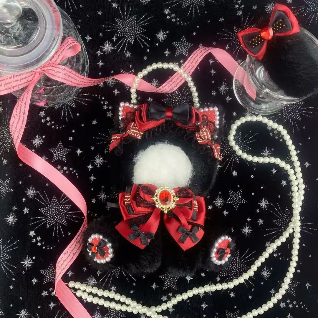 Thumbnail of ❤︎Seated Plushie Outfit 10-15cm Nyan-ko (Cat) Black x Red with Pearl Strap❤︎