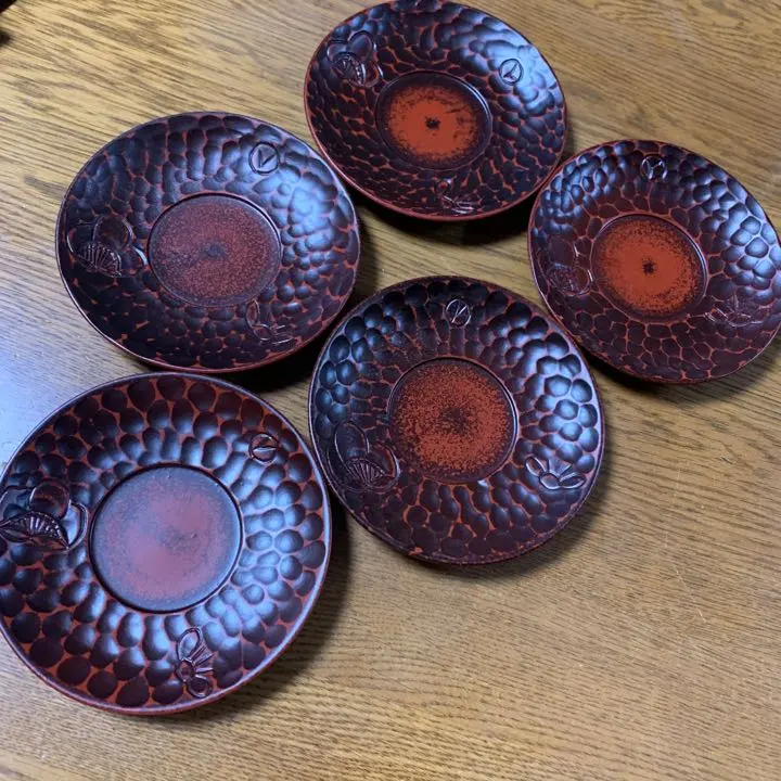 Thumbnail of Kamakura-bori Plum Blossom Carved Tea Trays, 4-inch, Set of 5, Natural Wood