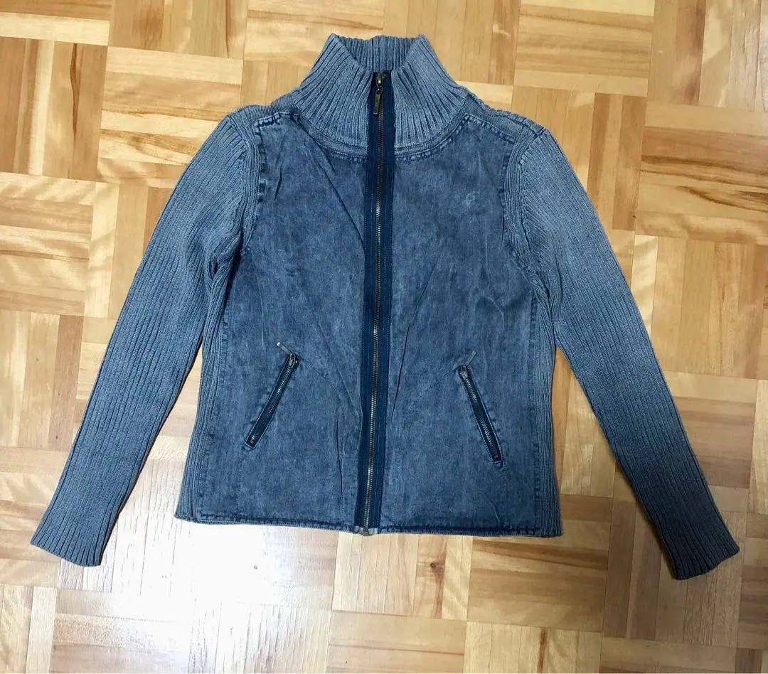 Thumbnail of Sankage Blouson Knit Denim Mixed-Material Switching Cardigan High Neck