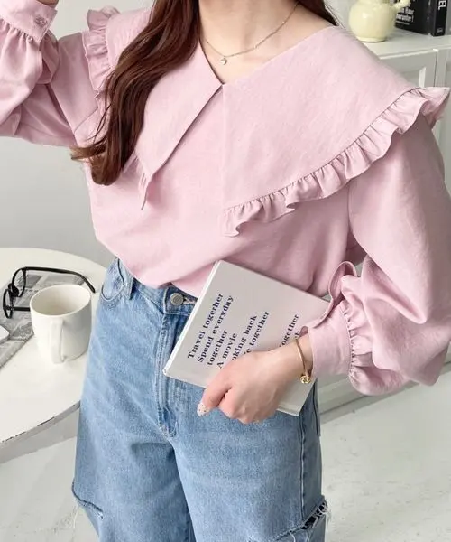 Thumbnail of Pink ruffled blouse, size M