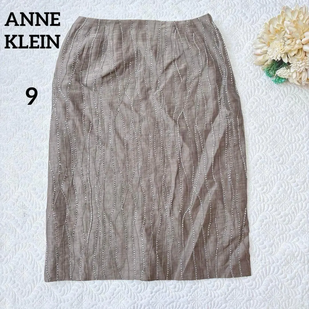 Thumbnail of Anne Klein Linen Blend Knee-Length Skirt, All-Over Jewels, Tight Fit, Lightweight, Khaki, Side Slit