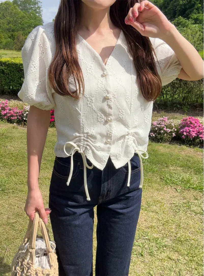 Thumbnail of GRL Ivory Lace Knit Puff Sleeve Blouse