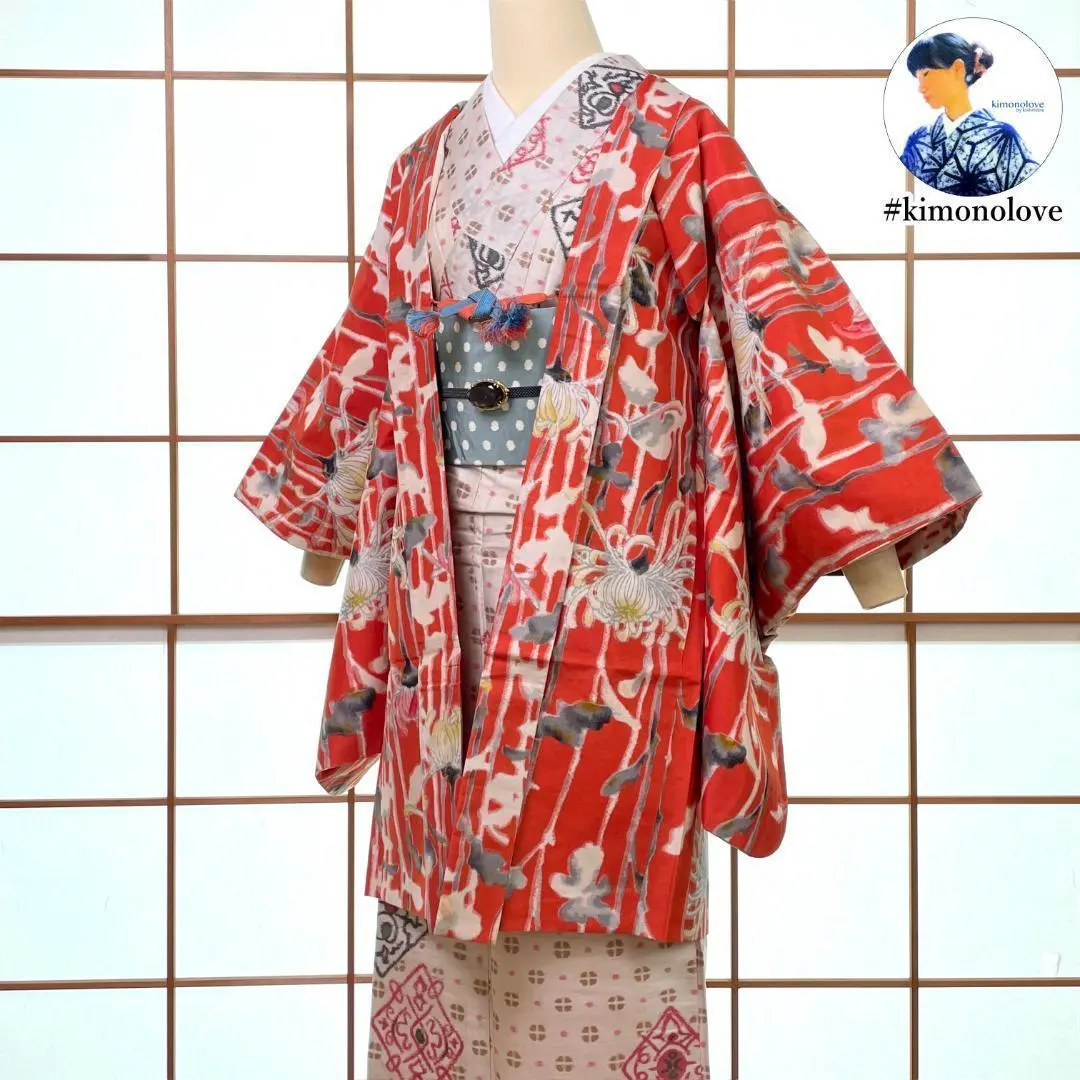 Thumbnail of Meisen Haori, Silk, Thread Chrysanthemum, Dark Orange, Taisho Roman, Antique Kimono, A-1564