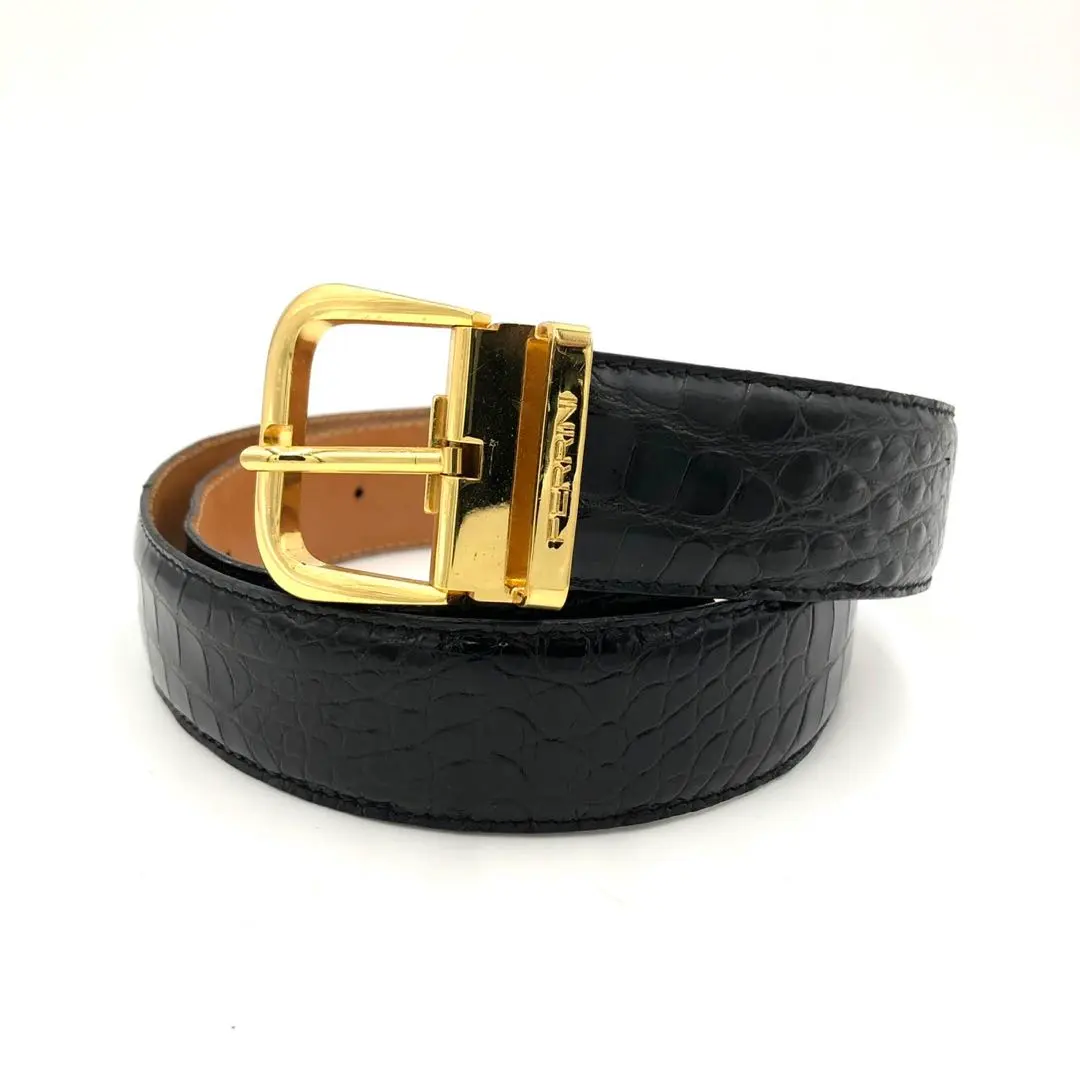 Thumbnail of [Excellent Condition] FERRINI Crocodile Belt Leather Black Gold Hardware Logo Embossed