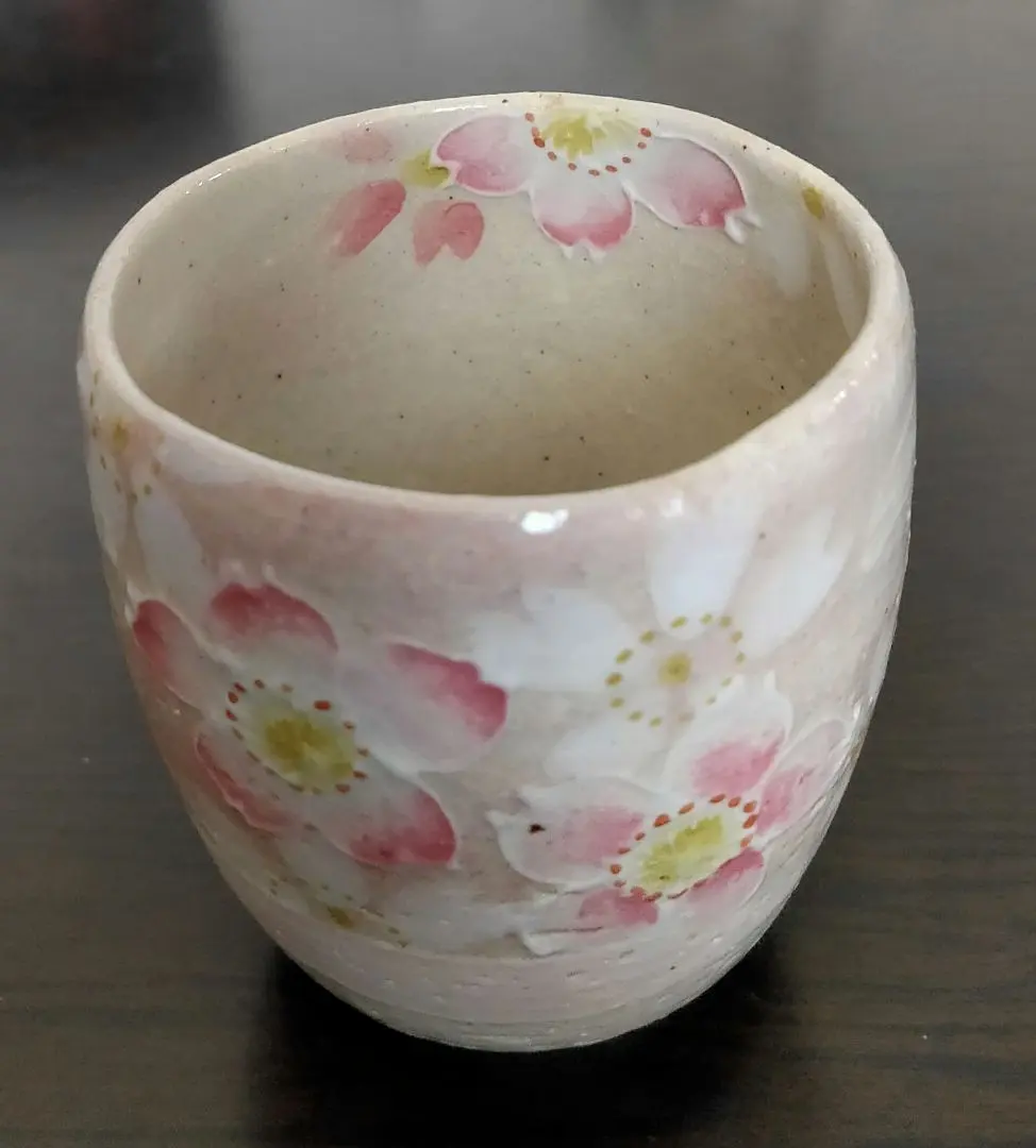 Thumbnail of Cherry blossom pattern ceramic teacup, Kiyomizu-yaki, chipped, kintsugi repair