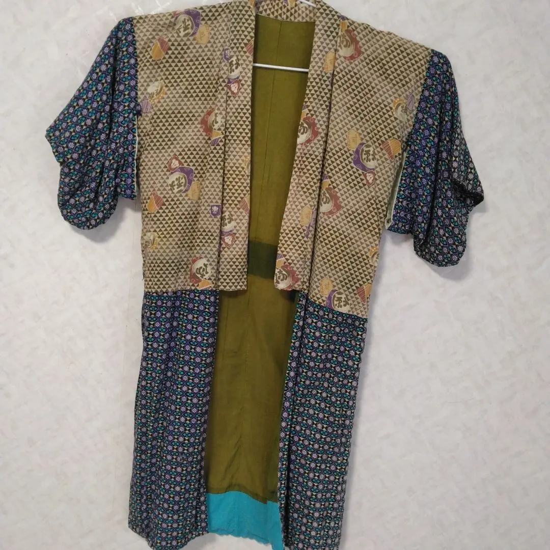 Thumbnail of Remake Kimono, Multicolor Floral Pattern, Geometric Design, Old Fabric, Antique