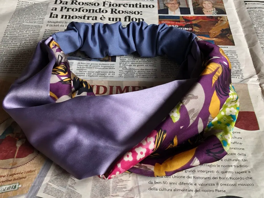 Thumbnail of Purple, violet, large pattern, glossy, handmade, turban, cross turban, gorgeous