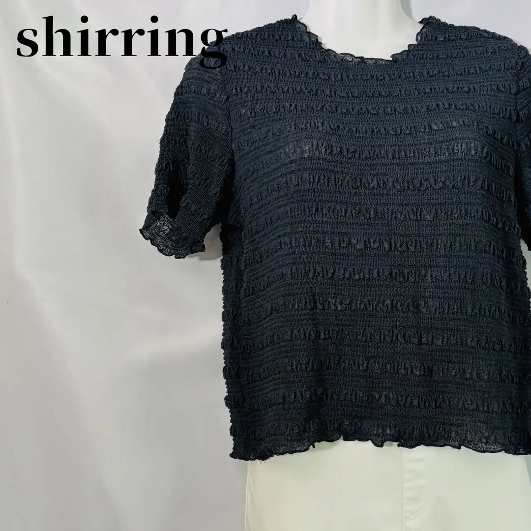 Thumbnail of Popular Simple Shirred Top, Made in Japan, Black, Short Sleeves, Frill, L