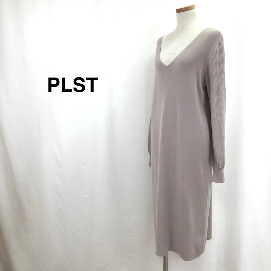 Thumbnail of PLST Long Knit Dress, Ribbed Sleeve V-Neck, Beige, Women's
