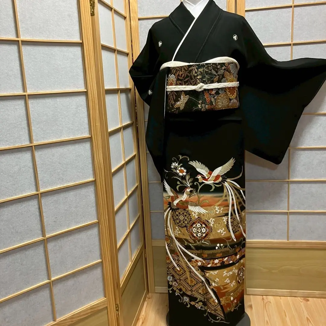 Thumbnail of [6431] Kurotomesode (Formal Black Kimono) - Beautiful, with Phoenix and Flowers, Signed, with Lining, Five Crests, Watanabe Sei, Silk, Autumn-lined