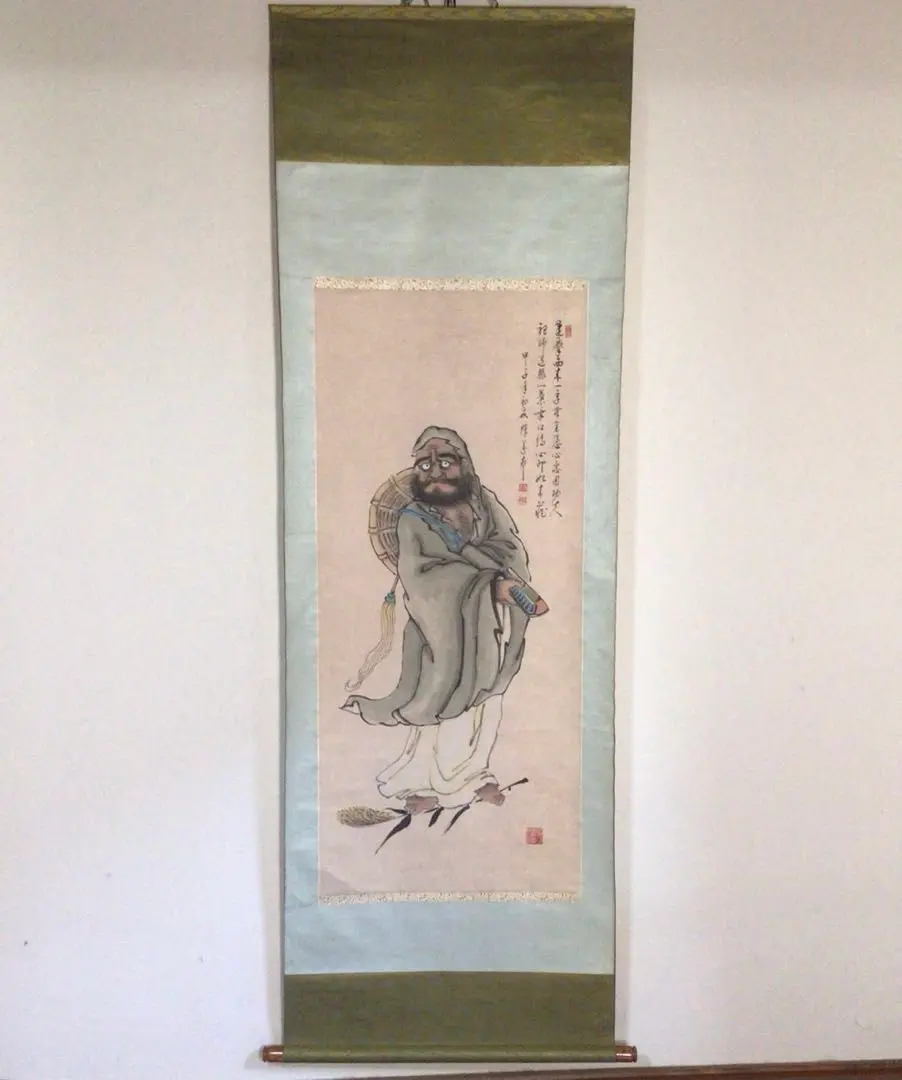 No3783  掛軸　陳萬串  蘆葉達磨画賛　紙本　中国美術　仏教美術　送料無料 No3783 掛軸陳萬串 蘆葉達磨画賛紙本中国美術仏教美術送料無料