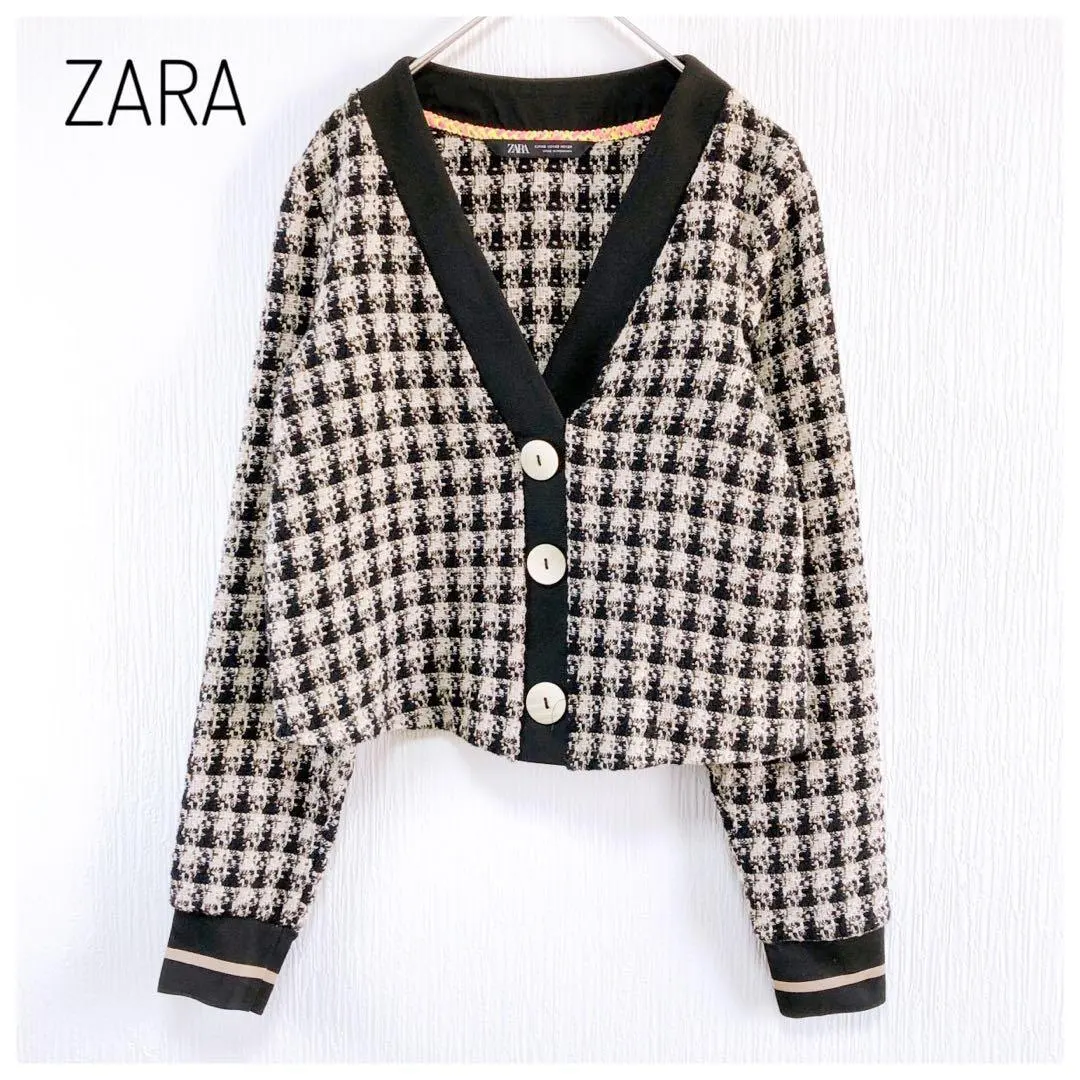 Thumbnail of Zara Small Size Houndstooth Cardigan Tweed-like Knit Elegant Casual
