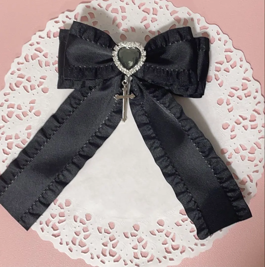 Thumbnail of Frilly Ribbon Brooch Black Cross Charm Mass-produced Landmine-kei Halloween Costume Black
