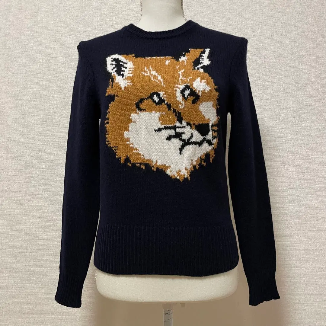 Thumbnail of Maison Kitsune Knit Fox Head Gold Thread Made in Italy Navy Cleaned