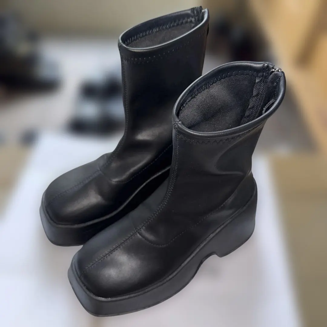 Thumbnail of Lace Ladies Leather Platform Short Boots Black 23.5cm