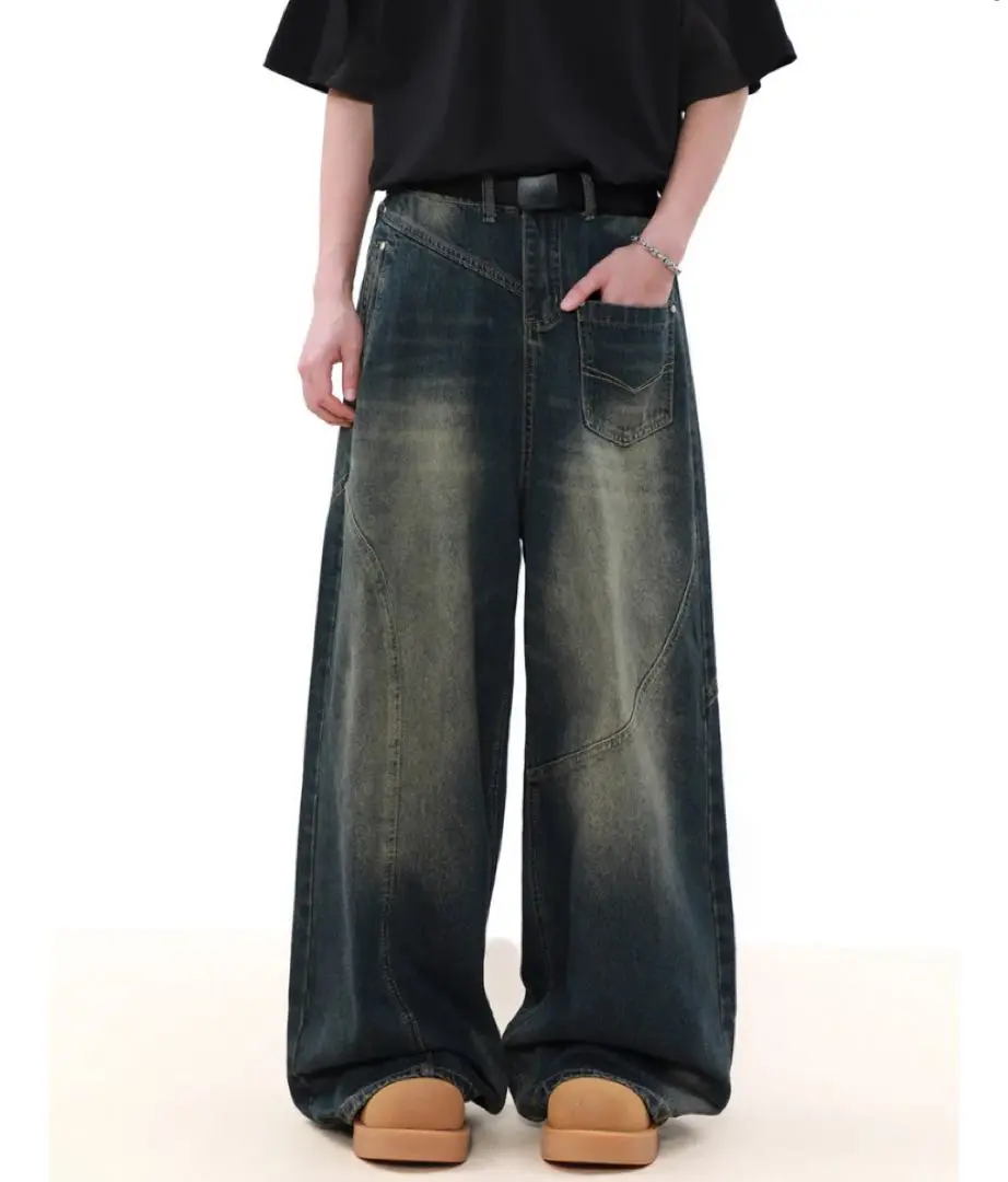 QS86 ペイント加工 グレー ワイドデニムパンツ