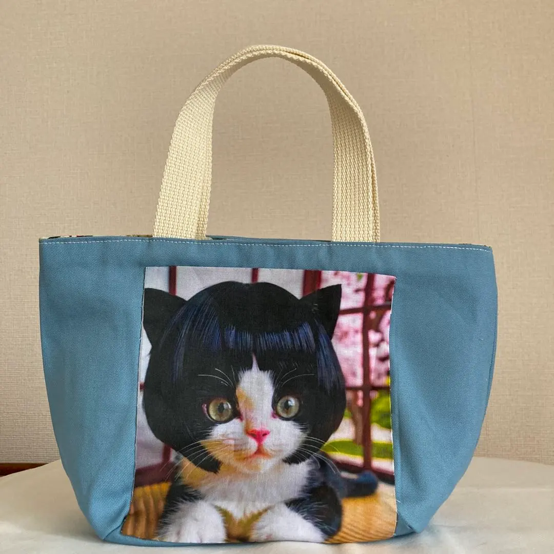 Thumbnail of Handmade lunch bag, fun, double-sided cat panel tote bag