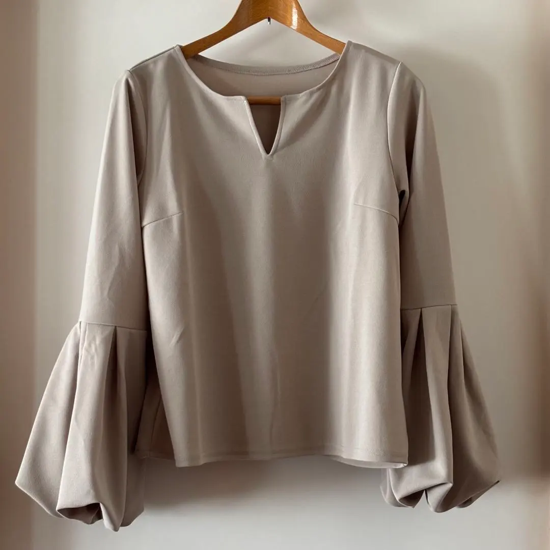 Thumbnail of Re:EDIT Cut Georgette Key Neck Balloon Sleeve Blouse, Beige