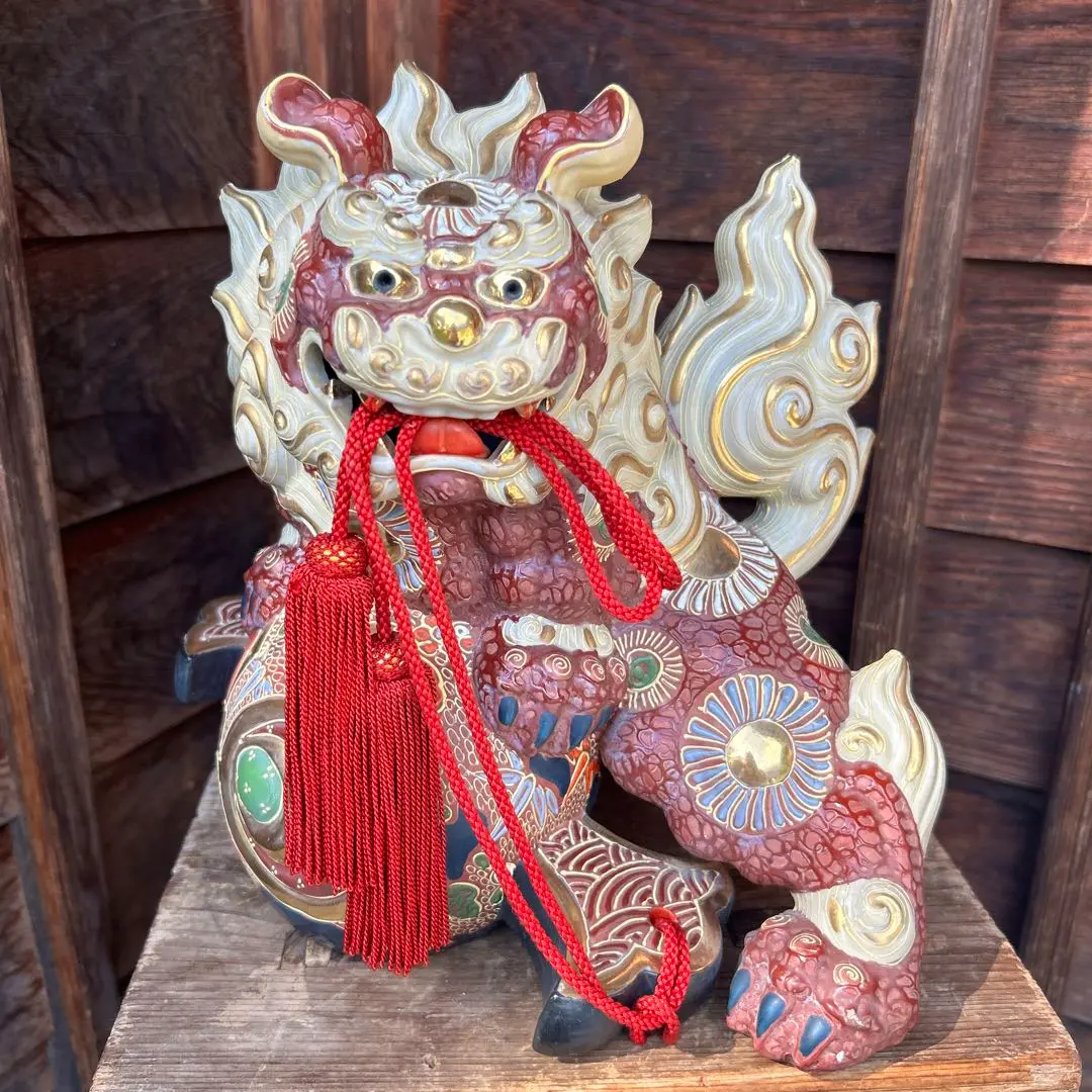 超美品 九谷焼 大型の唐獅子 打出の小槌