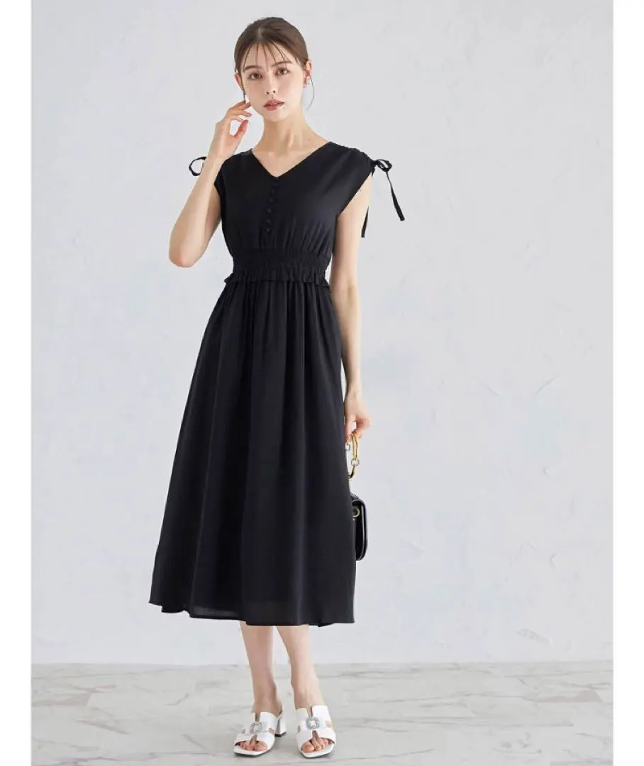 Thumbnail of 【Brand New with Tag】Drawstring Shoulder Ribbon Waist Shirring Linen-Look Dress - Black