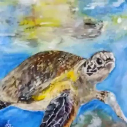 カラフルなウミガメの原画　キャンバス　アート 現代アート　動物画　海 カラフルなウミガメの絵画原画 キャンバスアート 真作