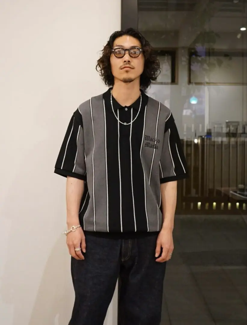 ワコマリア STRIPED KNIT JACQUARD POLO SHIRT M STRIPED JACQUARD SUMMER KNIT POLO SHIRT【BEIGE】｜WACKO