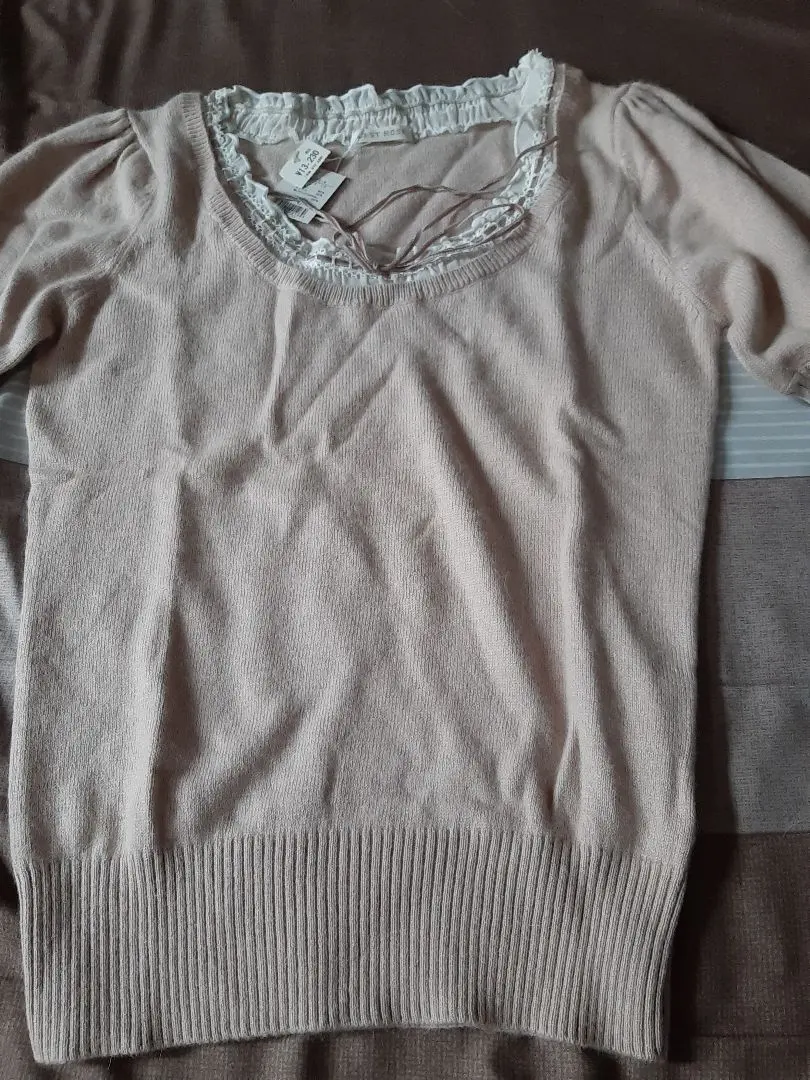 Thumbnail of New ✳️ L'EST ROSE ✳️ L'EST ROSE Short Sleeve Knit Top with Lace & Ribbon Detail on the Chest - Pink