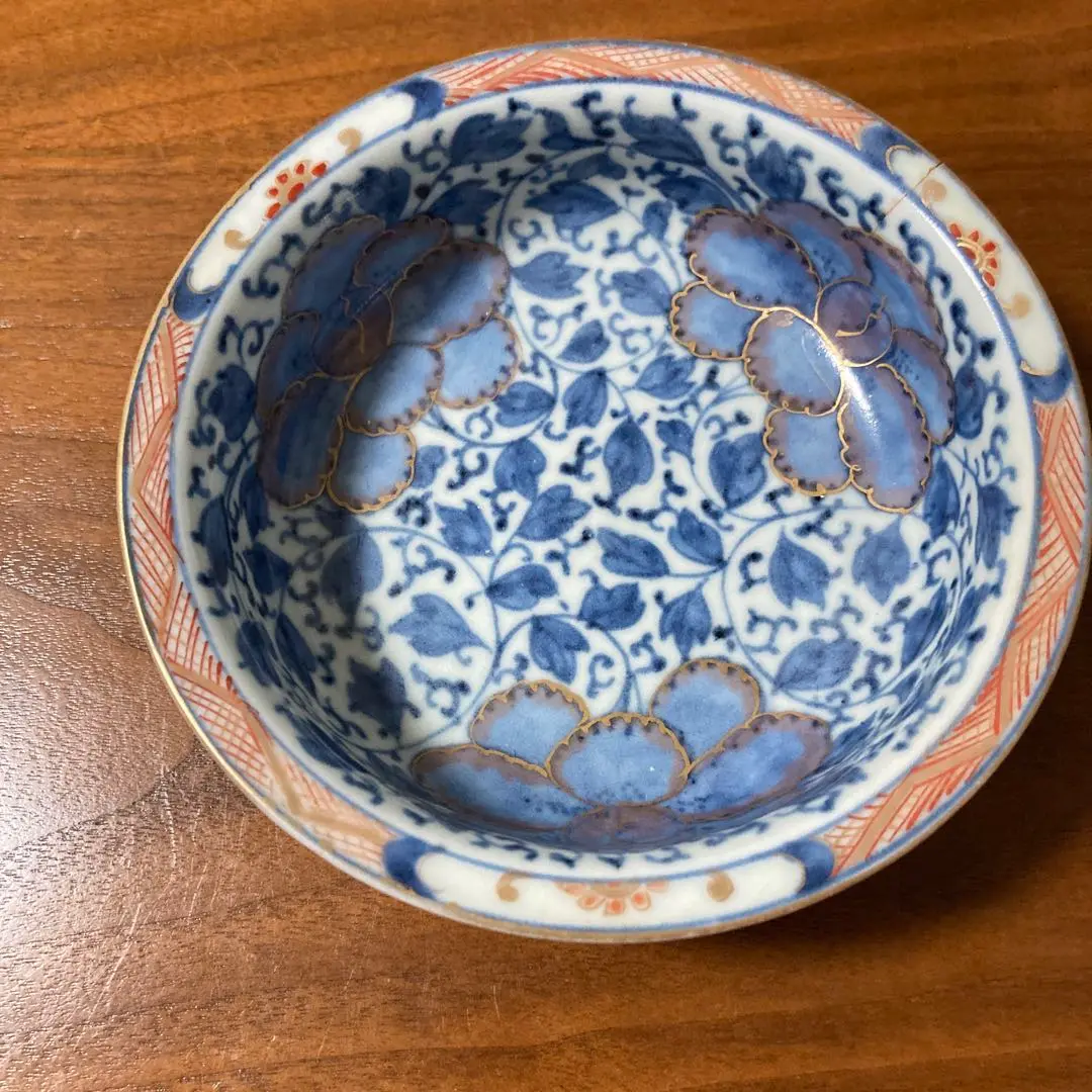 江戸中期 古伊万里 色絵金襴手鷺菖蒲文膾皿 5個 冨貴長春