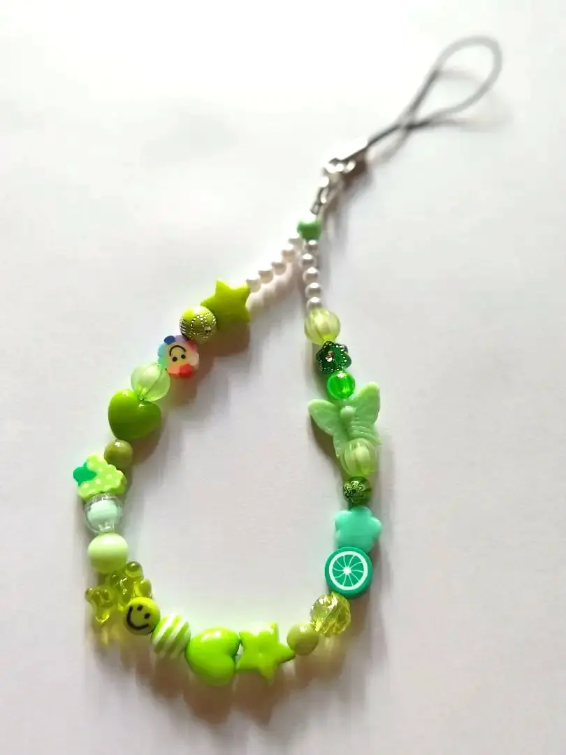 Thumbnail of Beaded strap, smiley face, green, smartphone charm, handmade