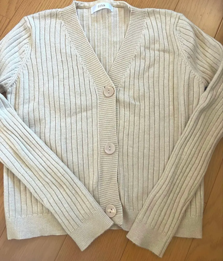 Thumbnail of fifth Beige Ribbed V-neck Cardigan