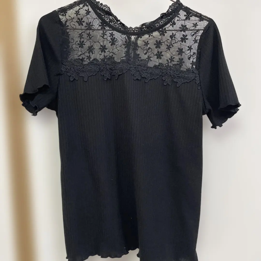 Thumbnail of Black short-sleeved top with lace, size M