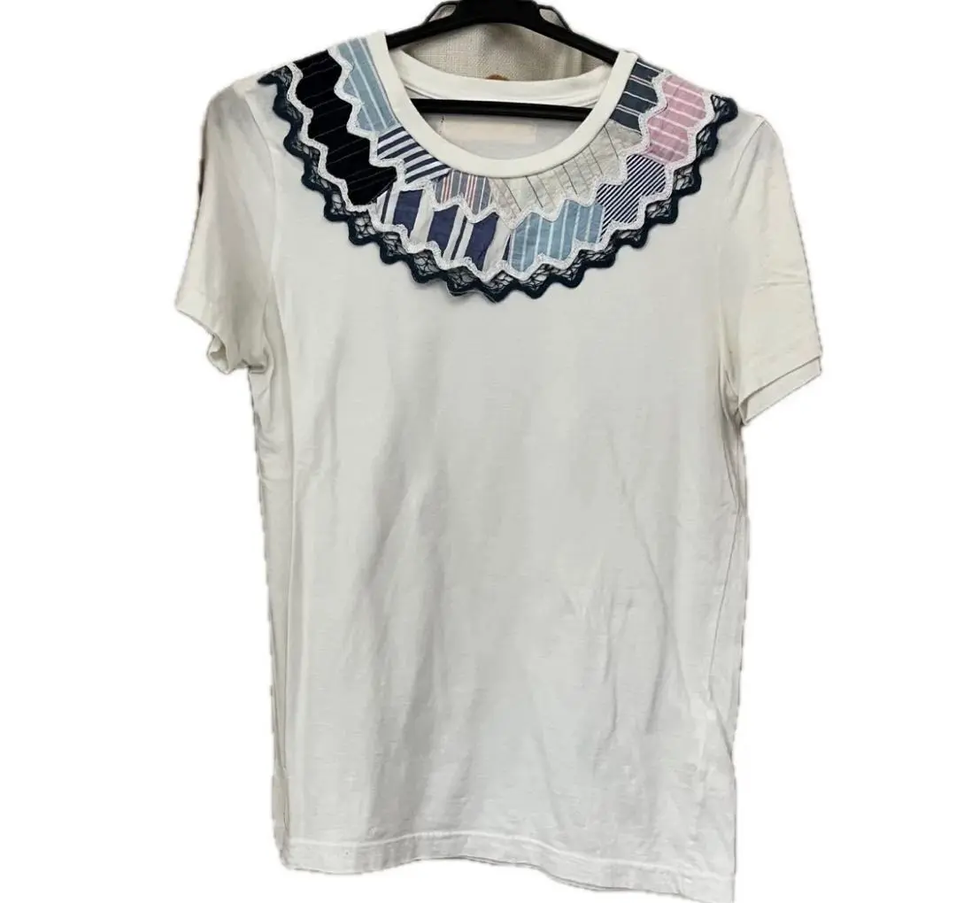 トリト　ビームス　半袖Tシャツ フリル　チェック　　ストライプ　白ホワイト　美品 トリト ビームス 半袖Tシャツ フリル チェック ストライプ 白