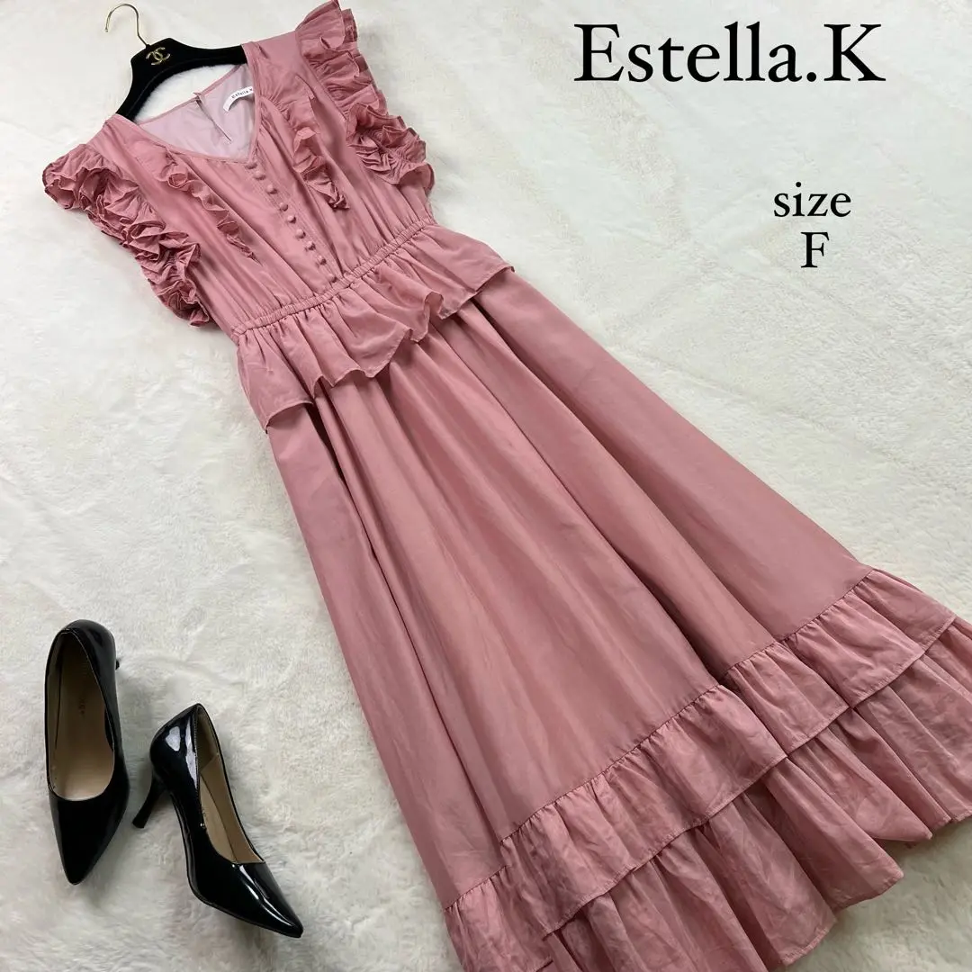 【エステラケー】ノースリーブフリルロングドレスワンピース☆シルク混☆ピンク☆F 2025年最新】Estella.K カラー：ピンク系 パーティードレスの