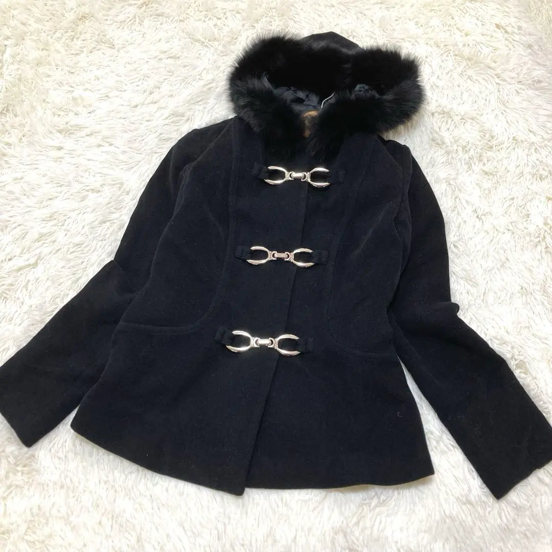 Thumbnail of Angora wool coat, fox fur, duffle, hood, black, 38, 2-way