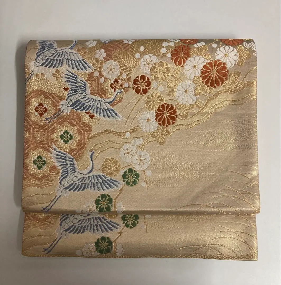 Thumbnail of Gold obi with cranes and flowers