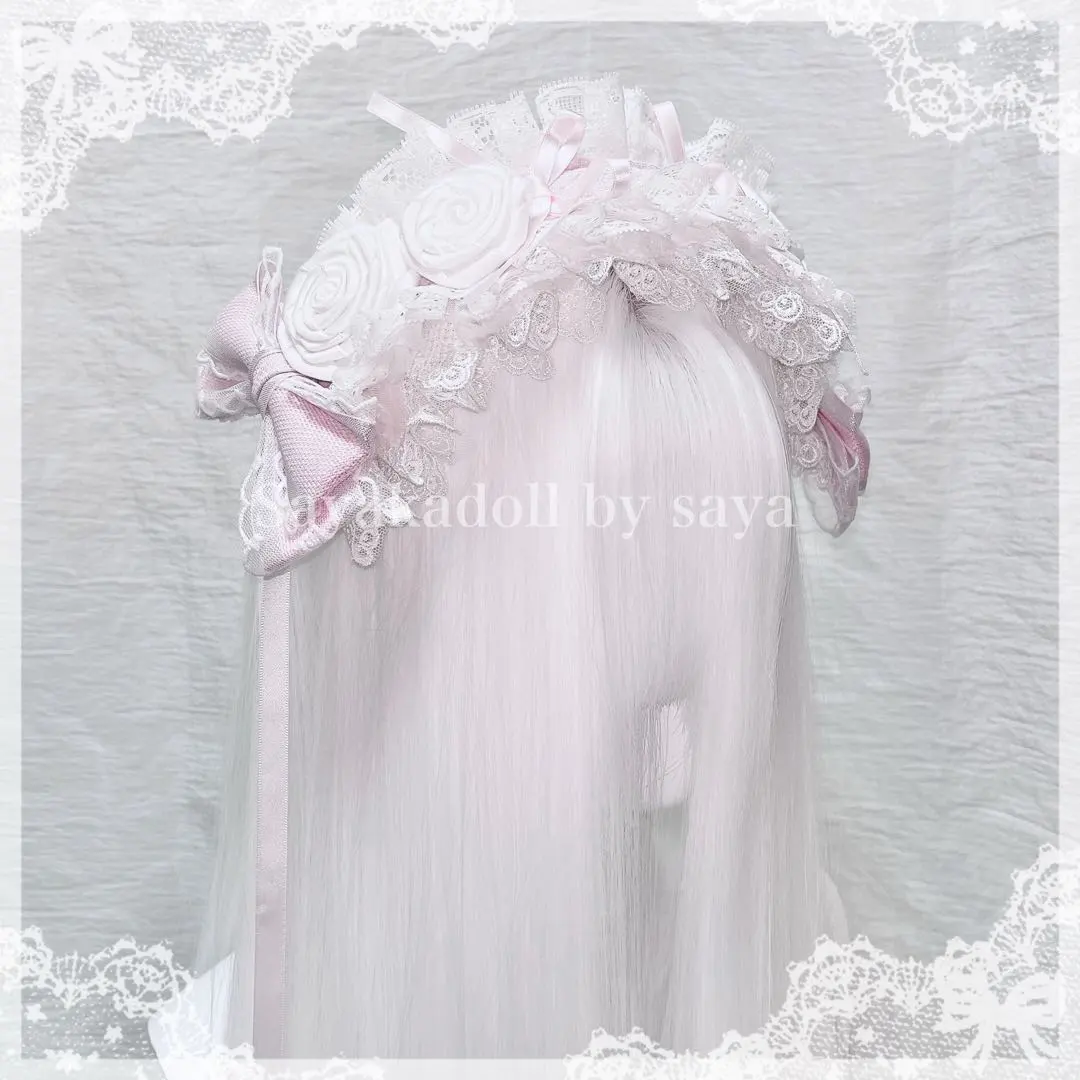 Thumbnail of ♡ White rose frill lace ribbon headdress pink ♡