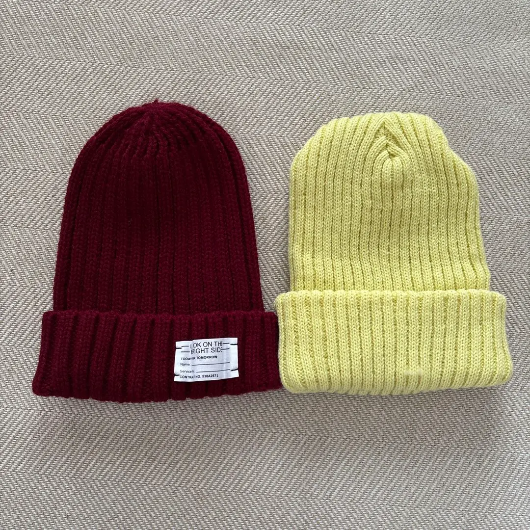 Thumbnail of Rib-knit beanie, burgundy and yellow, set of 2